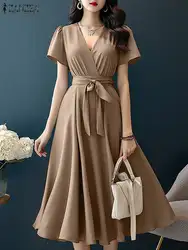 Fashion Solid OL Work Vestido Robe Femme Party Dresses 2024 ZANZEA Women Elegant V Neck Short Sleeve Midi Dress Summer Sundress