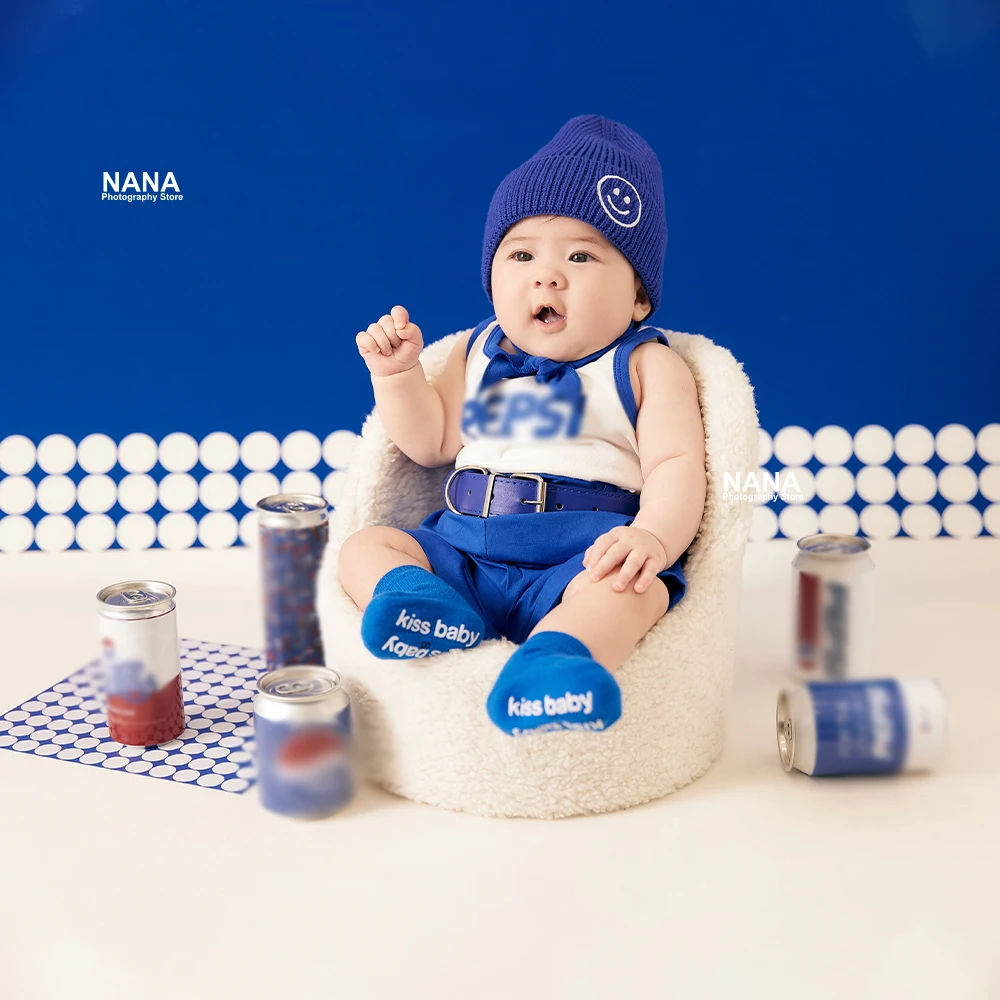 

Прекрасная синяя вязаная шапка для фотосъемки новорожденных + детский костюм + носки, комплект консервированной колы, реквизит для студии, аксессуары для детской фотосессии на 3-4 месяца