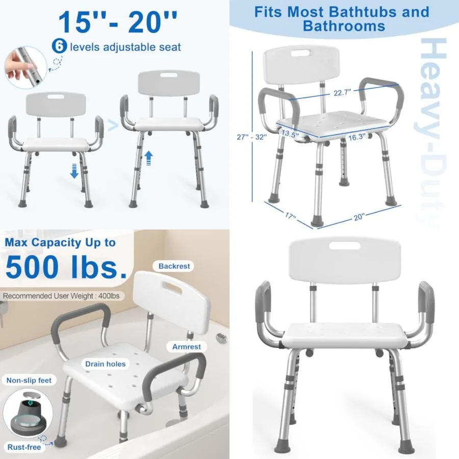 

HOMLAND Shower Chair for Inside Shower with Arms and Back, 500 lbs Heavy Duty Shower Seat for Bathtub, Height Adjustable Safety