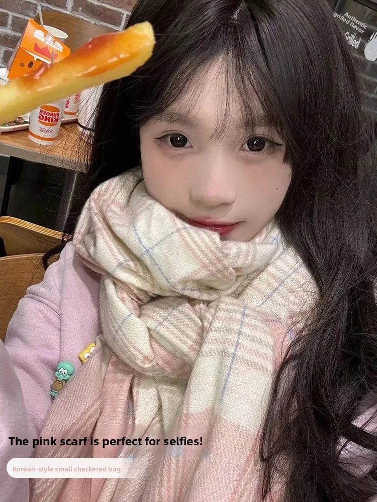 2025 New JK Winter Versatile Couple's Pink Plaid Scarf Korean Style Long Rectangle Warmth for Students And Couples