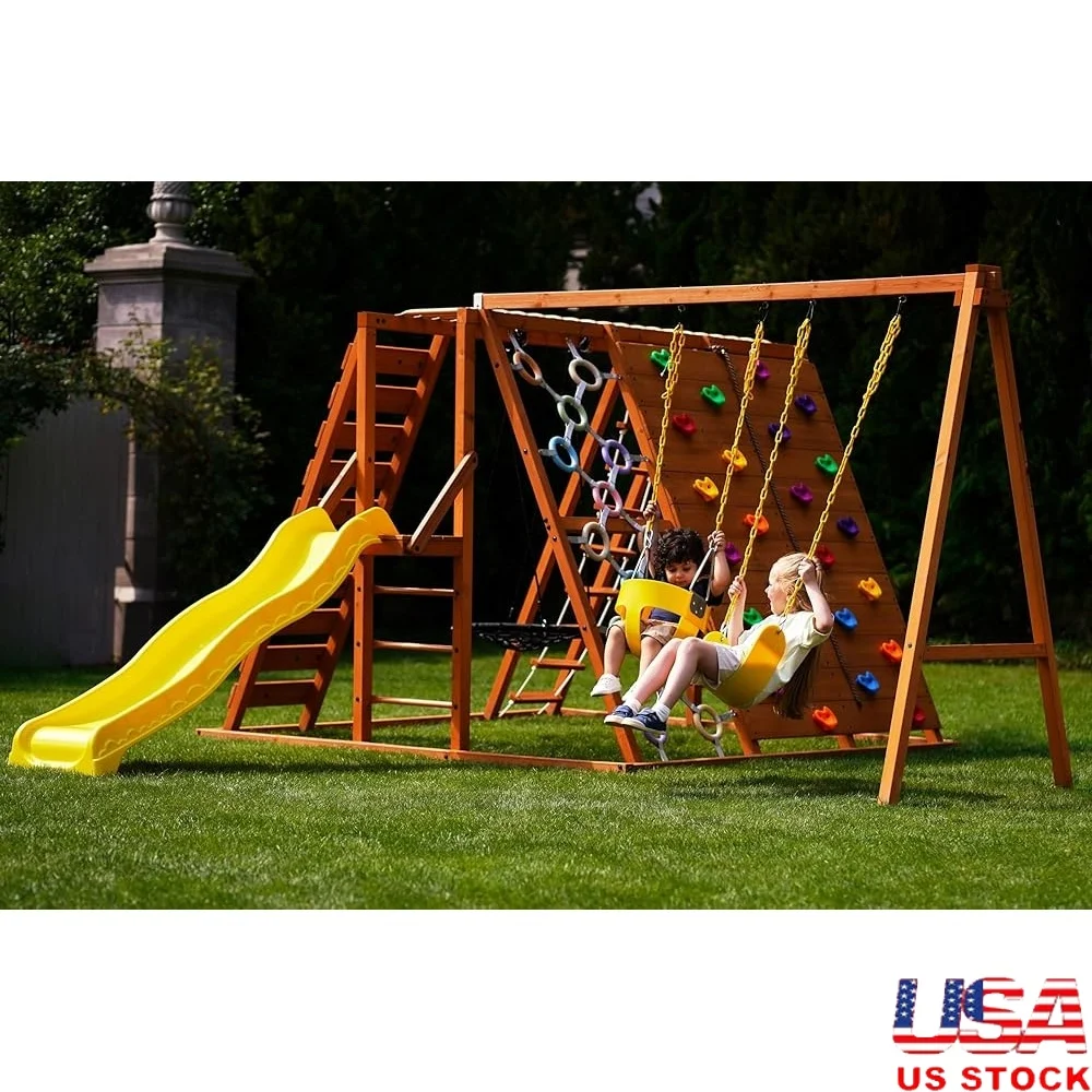 

Cedar Wood Climbing Set with Swings Trapeze Bar Slide Monkey Bars Rope Ladder Outdoor Play Equipment Kids
