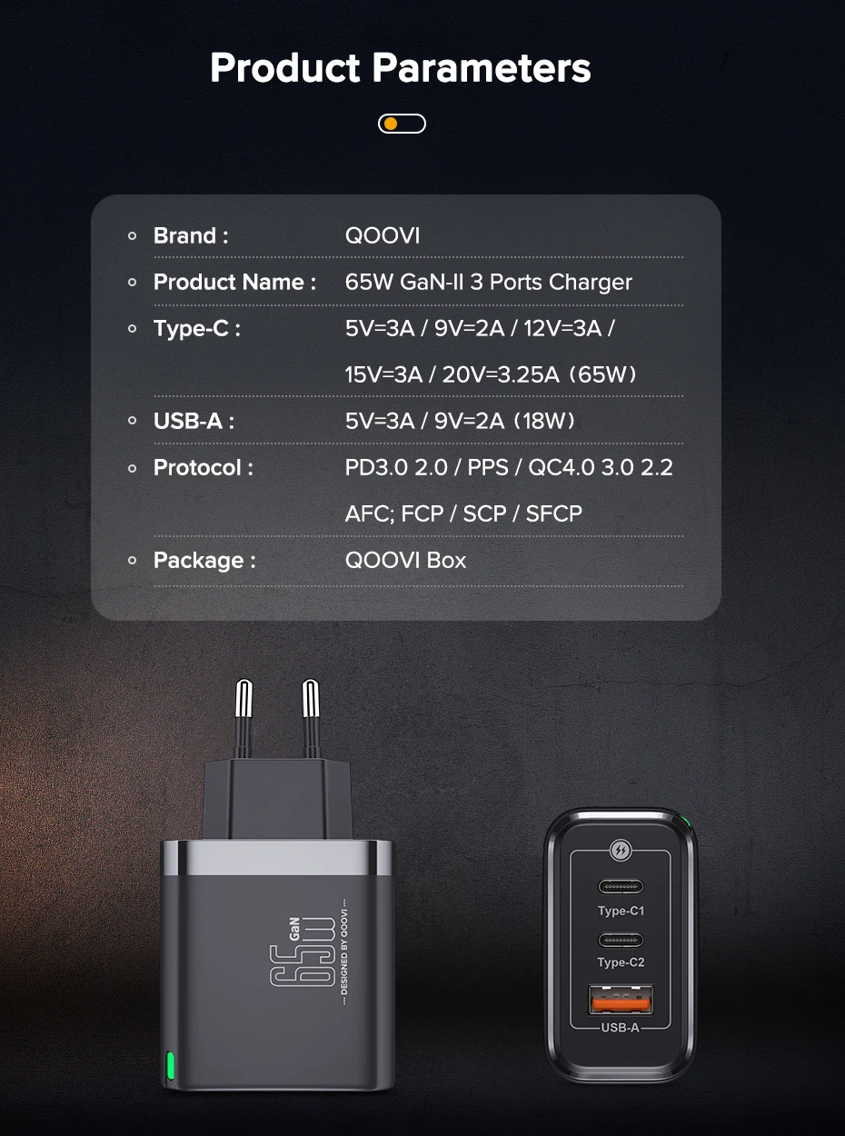 QOOVI B602 65W GaN charger specifications