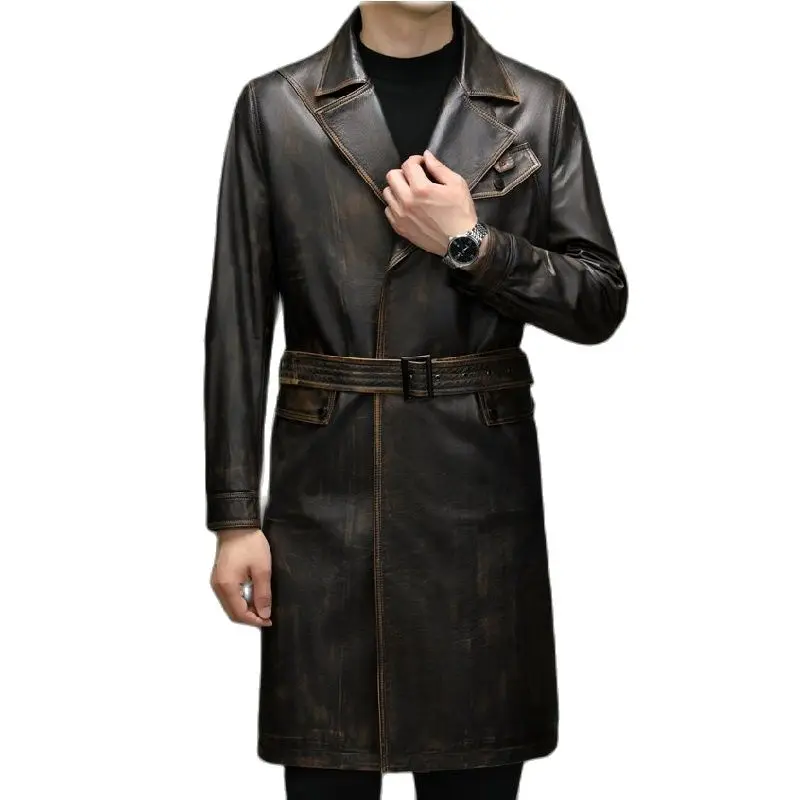 

BATMO 2023 New Arrival Top Quality Natural Cow leather long Trench Coat Men,Genuine Leather Jackets, 23298