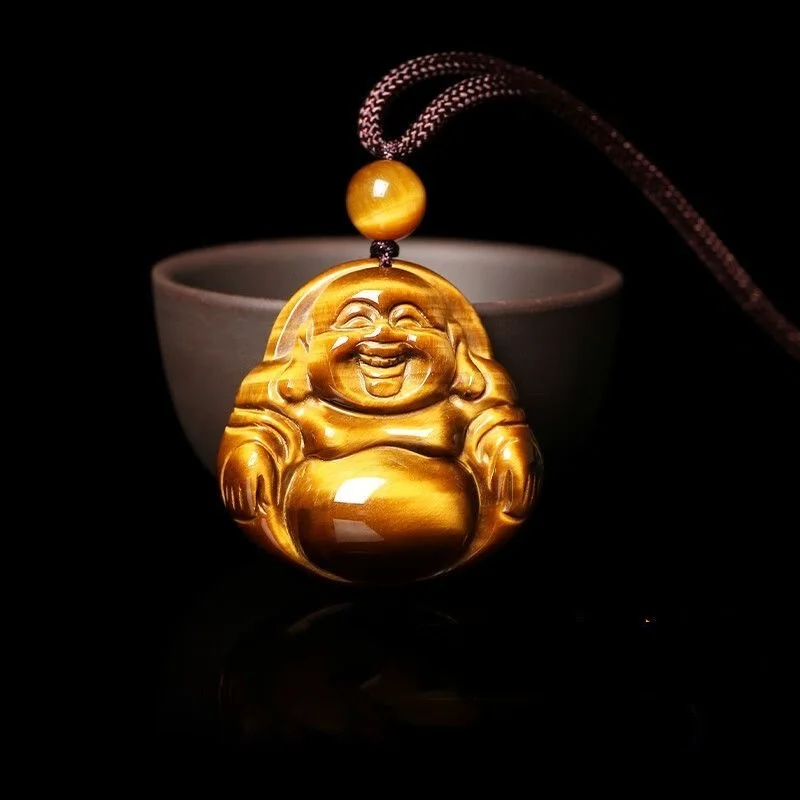 Natural Yellow Tiger Eye Stone Jade Maitreya Buddha Pendant Necklace Fashion Jewelry Amulet Luck Gifts Women Men Sweater Chain