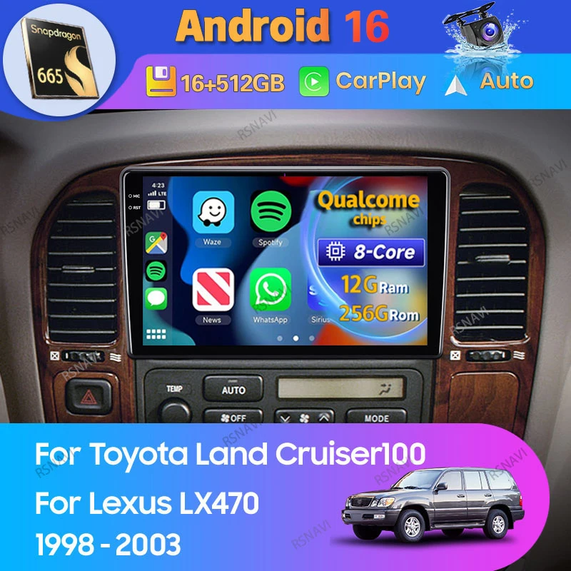 Android 16 Carplay Auto For Lexus LX470 For Toyota Land Cruiser LC 100 1998 - 2003 Car Radio 2Din Video Stereo Player Navigation