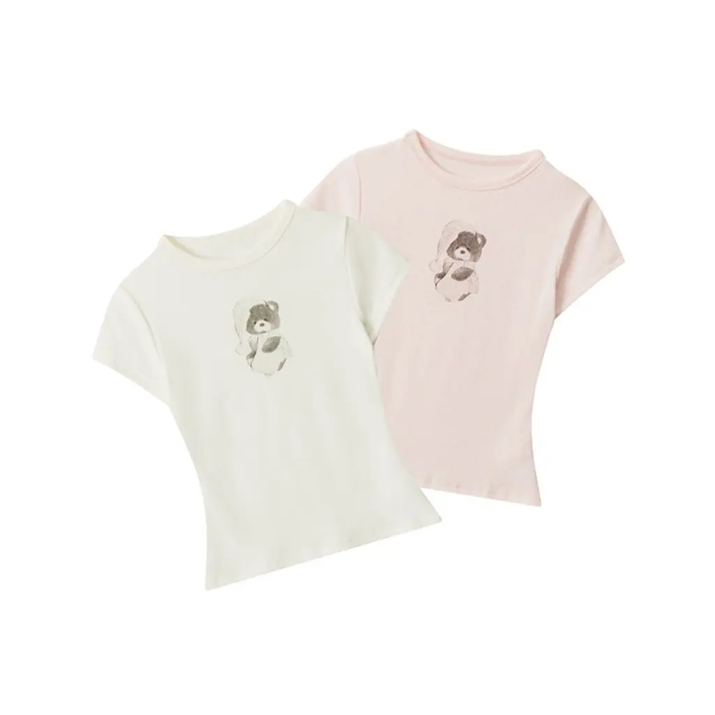 

HeyHenry Slim-fit Short-sleeved T-shirt 25 Bear Printed Design Needle Reinforced All-match Hot Girl Top for Women