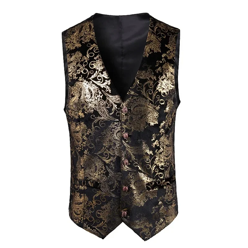 Mens Red Paisley Bronzing Vest Single Breasted V-Neck Wedding Suit Vests Men Gothic Aristocrat Steampunk Victorian Gilet Homme