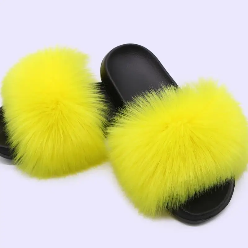 Summer Faux Fox Fur Sandals Beach Fluffy Slippers Indoor Outdoor Ladies Shoes Woman Slipper Fashion Non-Slip Furry Flip Flops