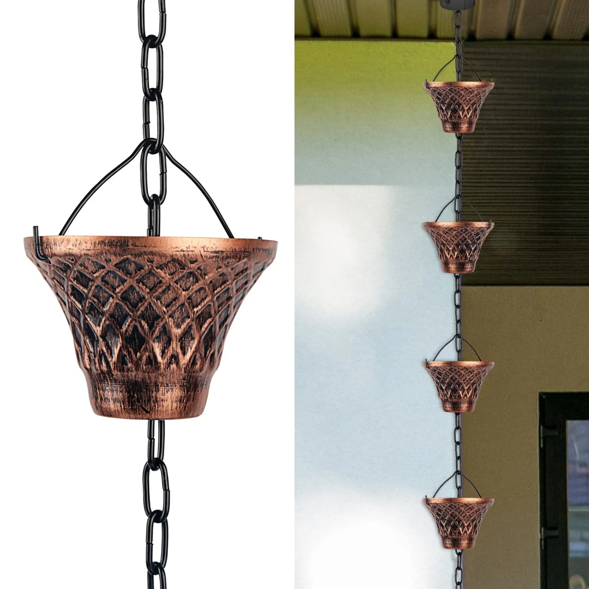 8.5 ft Metal Plaid Decorative Rain Chain, Outdoor Gutter Downspout Rain Catcher and Water Diverter for Exterior Drainage