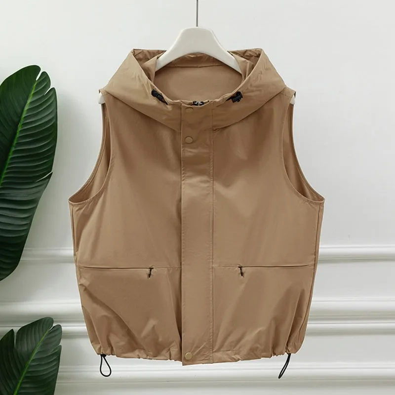 Womens Light Gray Hooded Sleeveless Utility Vest Zipper Front Drawstring Waist Pocket Casual Outdoor Layering Gilet