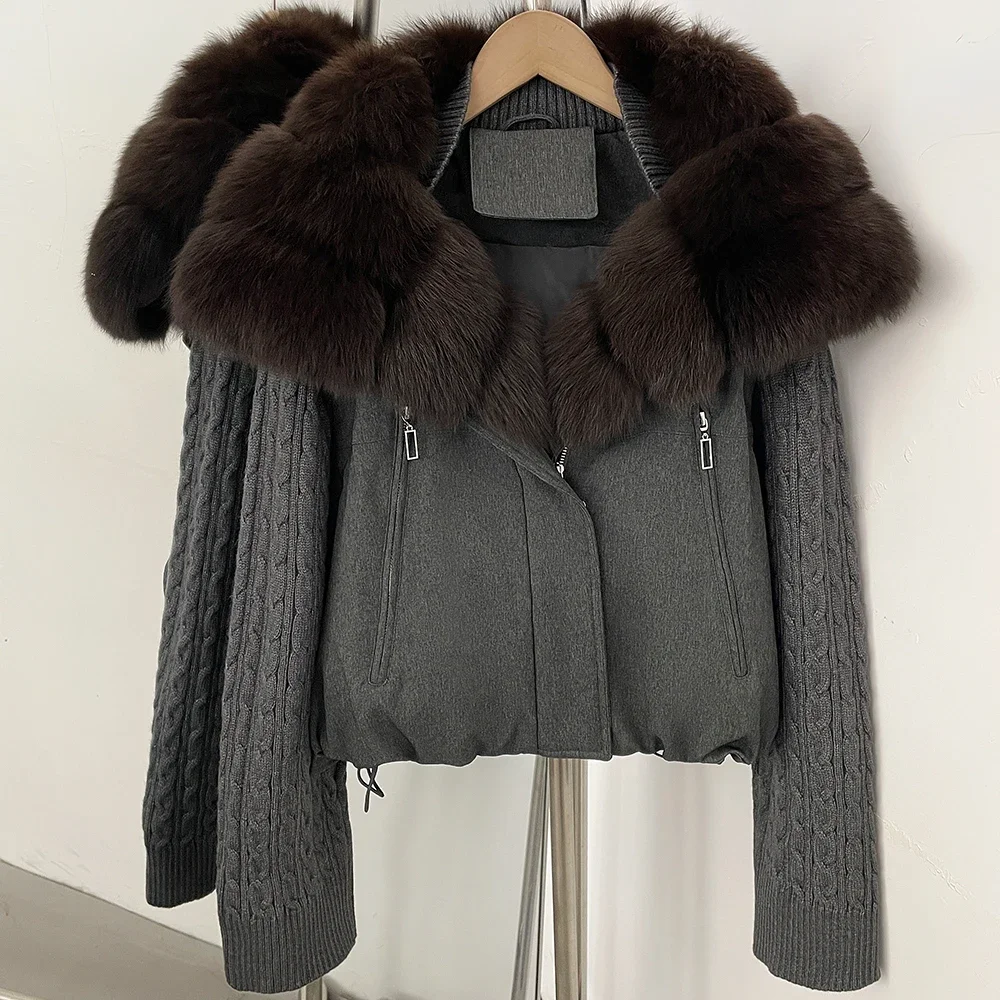 OFTBUY Gestrickter Ärmel mit Reißverschluss und Kordelzug am Saum, kurzer Mantel, 90% weiße Entendaunenjacke für Damen, gemütlich warm für den Winter, mit echtem Fuchspelzkragen. – Detail 10