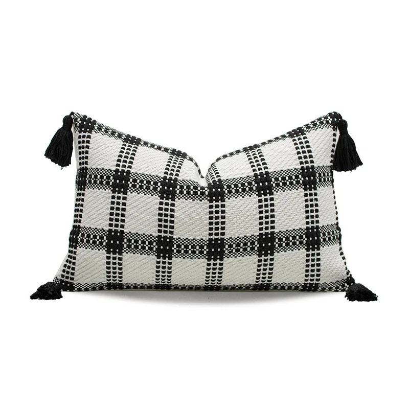 Summer Textured Throw Pillow Covers With Hand-knotted Tassels Farmhouse Checks Square Cushion Cases Sofa Bed Couch 1 Piece Pack