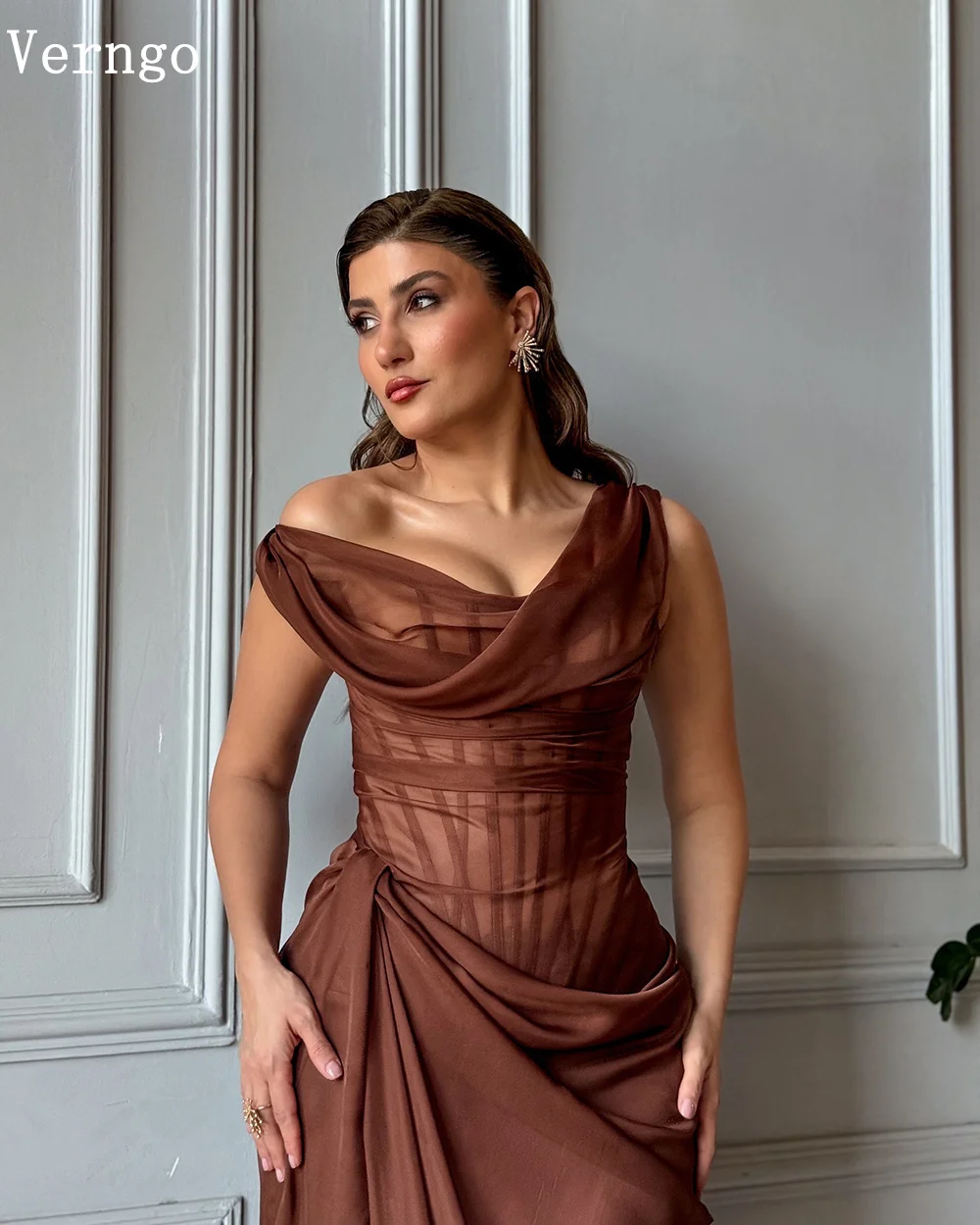 Verngo Brown Chiffon Evening Dress One Shoulder Mermaid Prom Gown Pleat Side Slit Sexy Formal Occasion Dresses Customized image 2