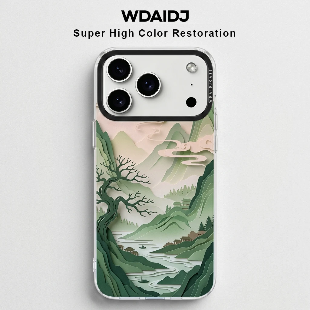 

Traditional Papercut Style Mountain Landscape Print Phone Case For iPhone 17 16 15 14 13 Green Zen Anti Drop Clear Cover