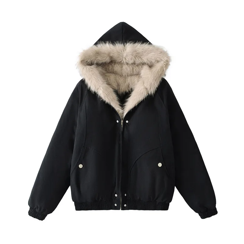 

Хлопковая куртка с капюшоном в стиле ретро в американском стиле High Street и меховым воротником. Красивый зимний женский топ на флисовой подкладке.