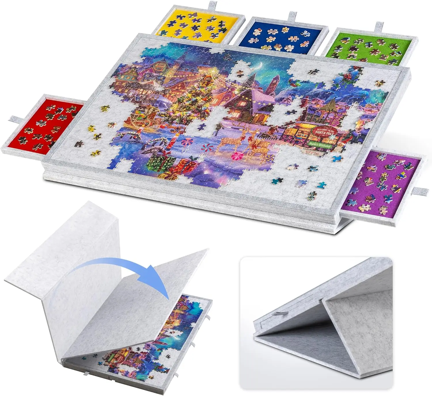

Tilting Puzzle Board with Stand & Cover, Lightweight Felt Table with Drawers for Adults, Portable for Up to 1000 Pieces – Gray