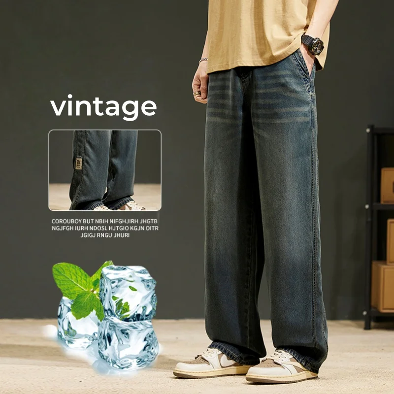 

Lyocell Summer Thin Men's Fashion Vintage Jeans Loose Casual Straight Pants Streetwear Male Wide Baggy Denim Trousers