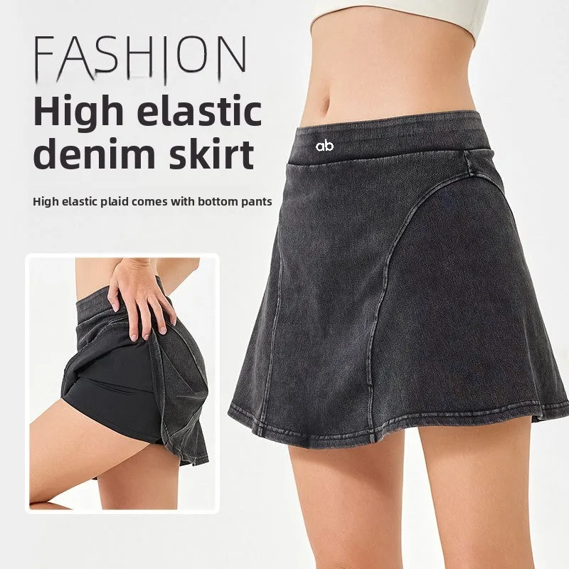 Women High Waist Faux Denim Yoga Skort Built‑in Shorts High Stretch Butt Lifter Pockets Gym Sports Skirt Yoga Shorts