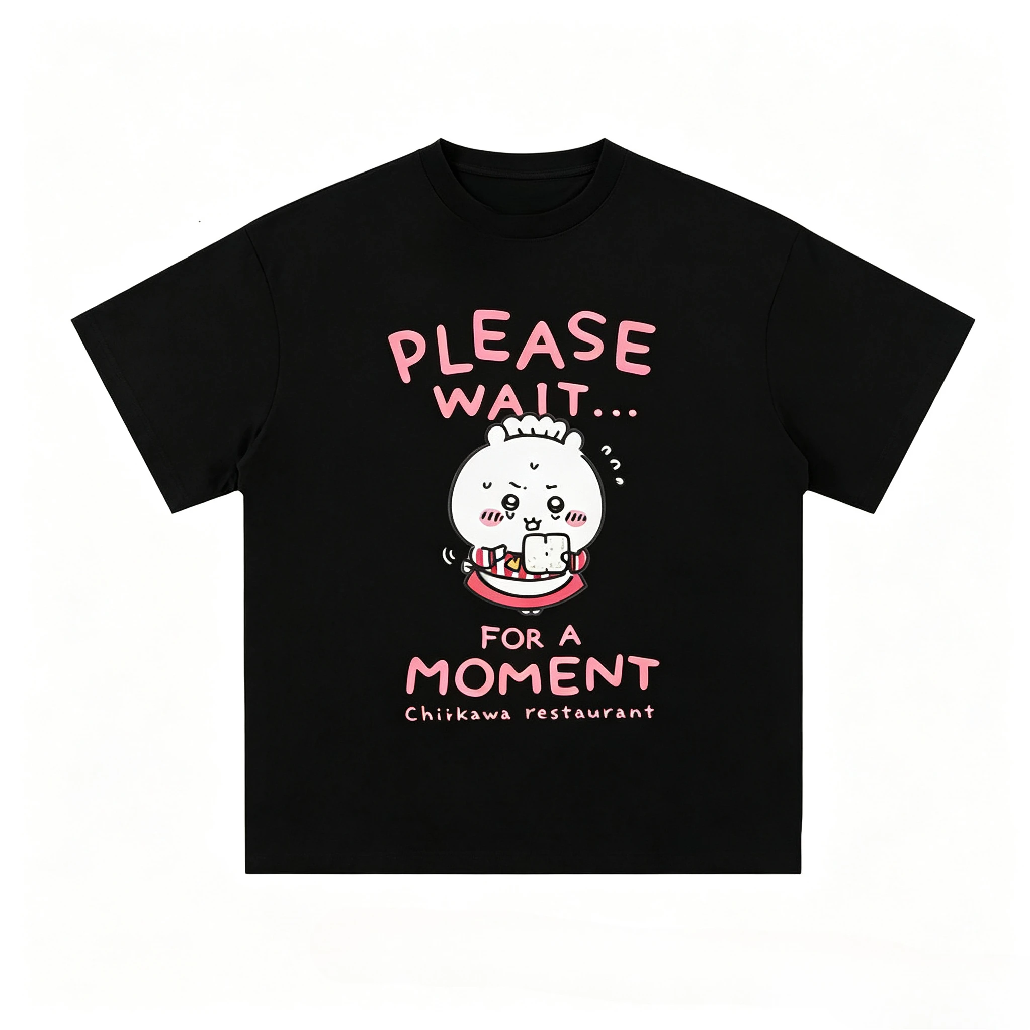 Chiikawa Restaurant Chii Waiter T-shirt Please Wait Text Cartoon White Cotton Tee Unisex Kawaii Casual Short Sleeve Shirt