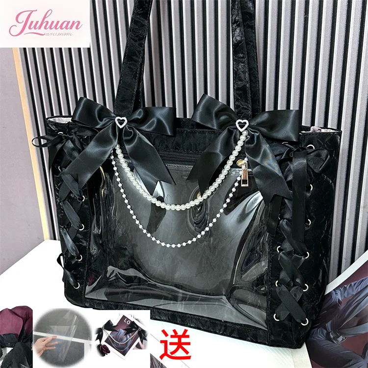 

Japanese Original Lolita Ribbon Bow Cute Handbag Ltabag Women's Large-capacity Bar Transparent Millet Single Shoulder Tote Bags