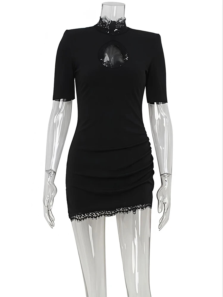 Mozision Lace Turtleneck Cut Out Sexy Mini Dress Women Gown Black Hollow Out Short Sleeve Skinny Club Party Dresses Female