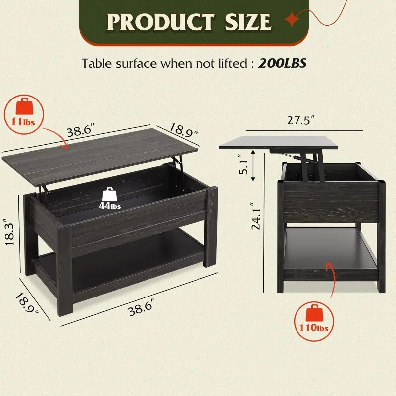 Coffee Table, 39" Lift Top Coffee Table with Hidden Compartment and Storage Shelf for Living Room
