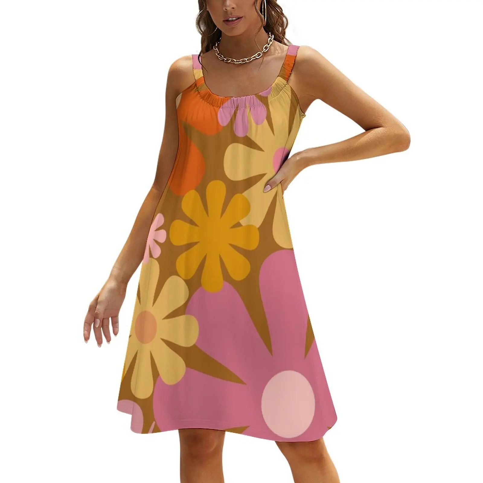 

Retro 60s 70s Flowers - Vintage Style Floral Pattern in Thulian Pink, Orange, Mustard, and Brown Beach Sling Skirt