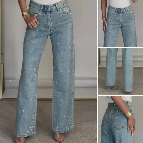 High Waist Rhinestone Jeans Women Straight Denim Pants Diamonds Vintage Ankle Length Loose Pockets Trousers Zipper Trousers