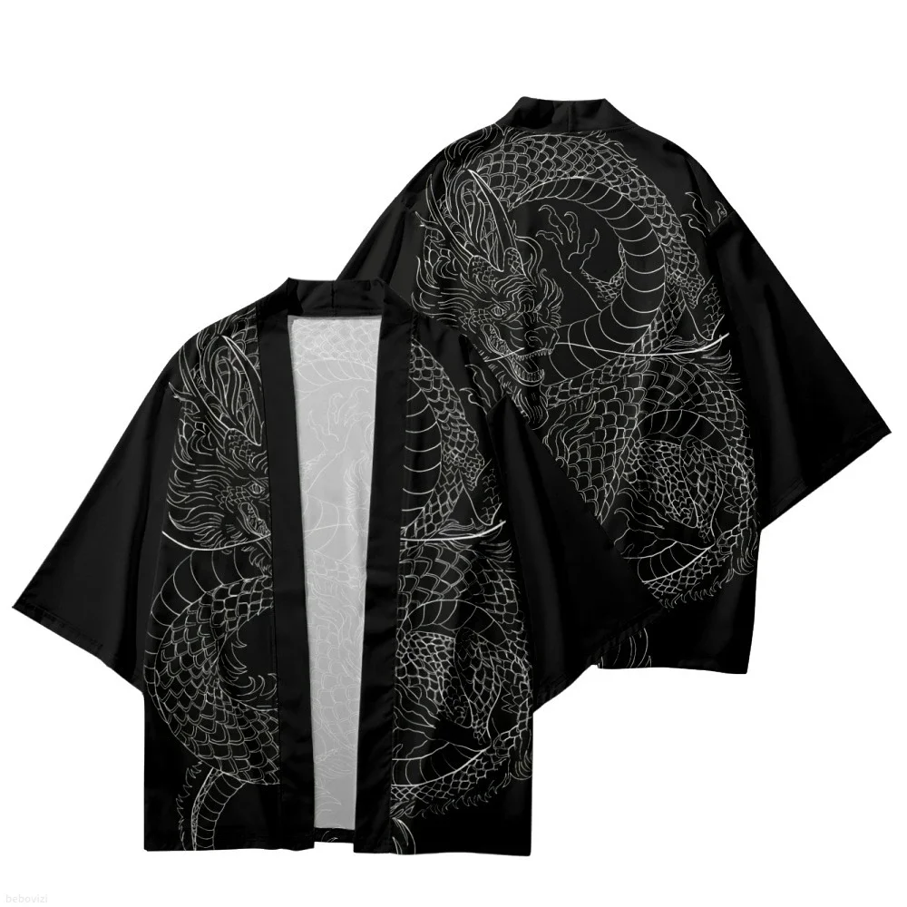 Nova chegada estilo japonês dragão impressão tradicional quimono masculino yukata cardigan camisas cosplay haori oversized streetwear topos