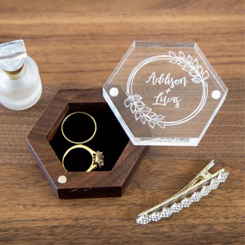 Personalized Wedding Ring Box Pair of Rings Solid Wood Acrylic Jewelry Storage Box Creative Couple Anniversary Box