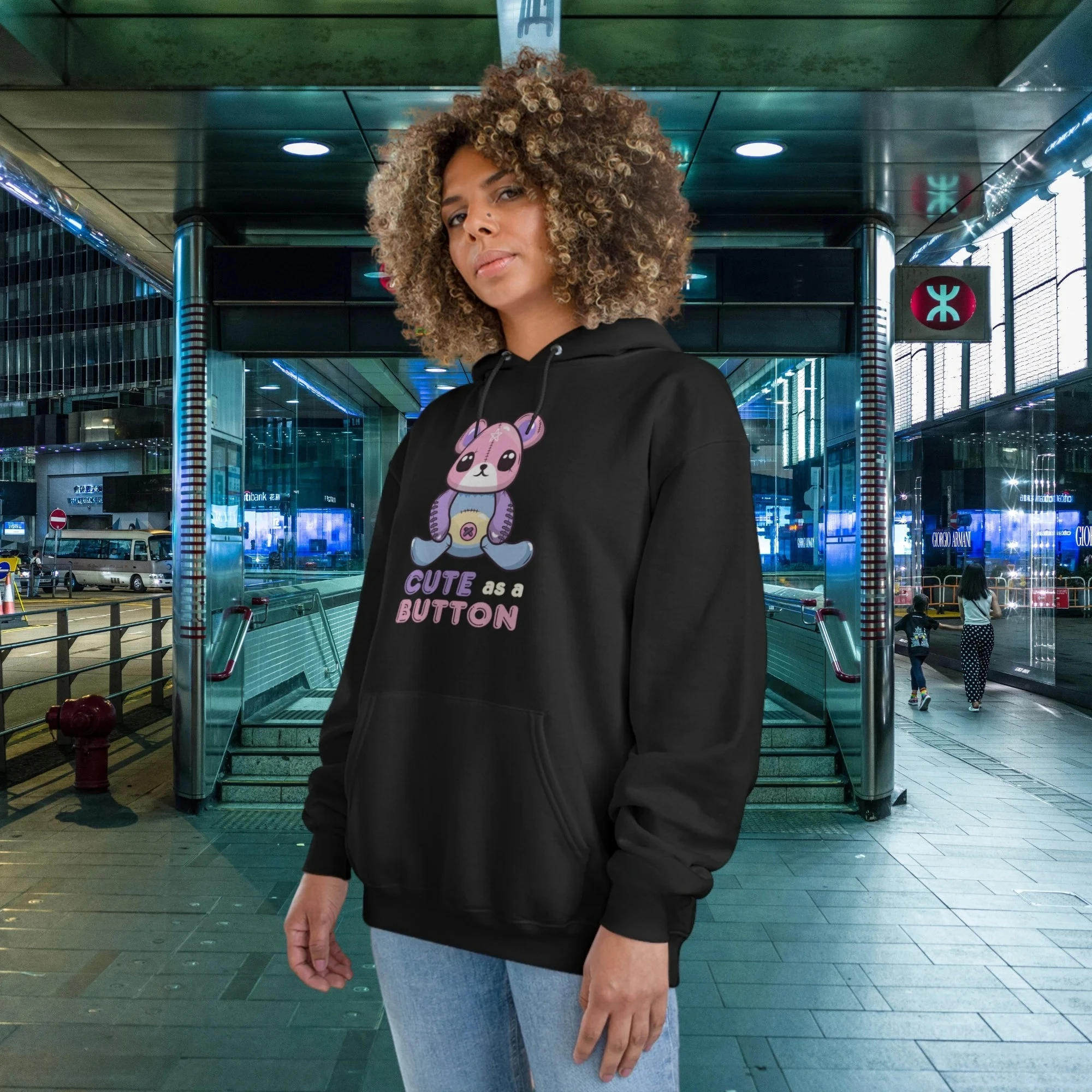 

Premium Champion Cotton Hoodie with Adorable Bear Graphic and "Cute As A Button" Slogan Perfect for Those Who Love Kawaii Style