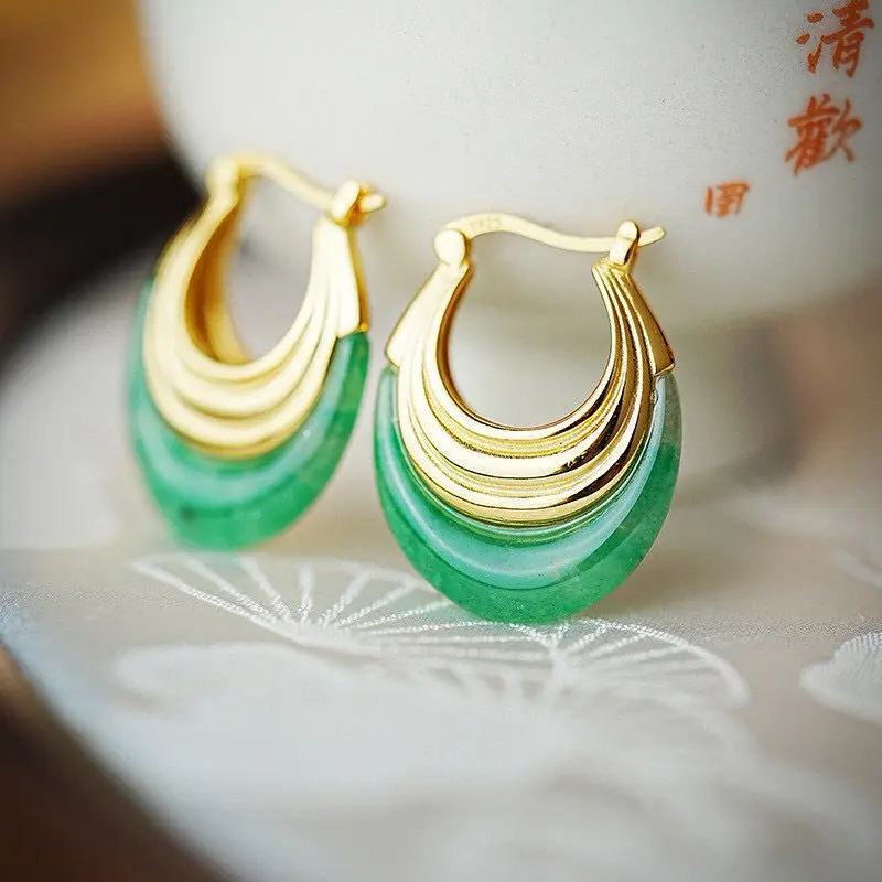 

925 Silver Jade Earrings, Unique Vintage Green Gemstone Drop, Chinese Classic Jewelry Gift