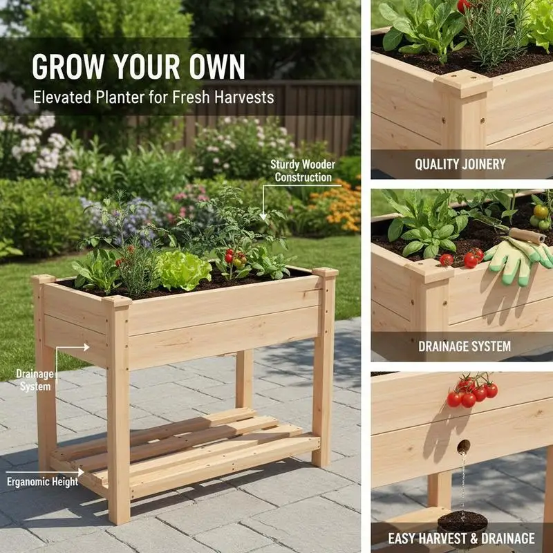 Elevated Wooden Planter 34x18x30in For Backyard Garden Patio, Solid Fir Wood Rectangular Vegetable Trough Legged Herb Flower Box Natural Finish