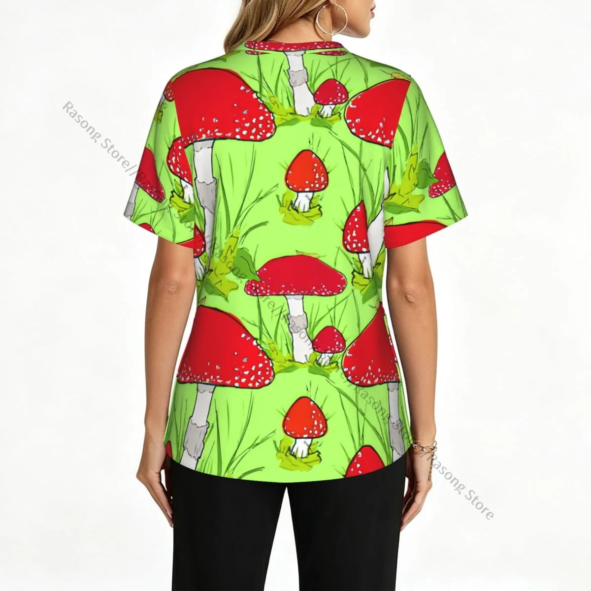 Women's Medical Scrub Top V Neck Short Sleeve Red Fly Agaric Mushrooms Stretch Nursing Uniform for Hospital Clinic