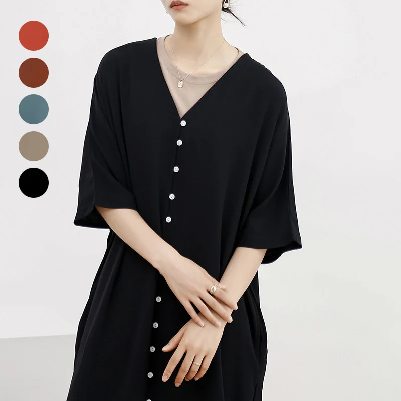 Lotte, recién llegado, 5 colores, vestido holgado de manga corta con cuello en V para primavera y verano, vestido largo tipo camisa en 3 colores, nuevo estilo