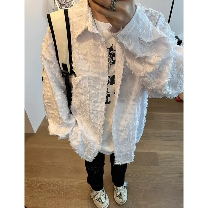 

White Long Sve Men's irt Fringed Hem Trendy National Sle Outerwear Casual Loose Fit Iron-Free Polyester Blend