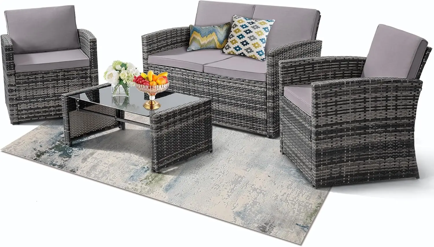 KROFEM 4 Piece Patio Furniture Set, Outdoor Wicker Conversation Set | Washable Cushions, 2 Armchairs + Loveseat Sofa + Coffee Ta