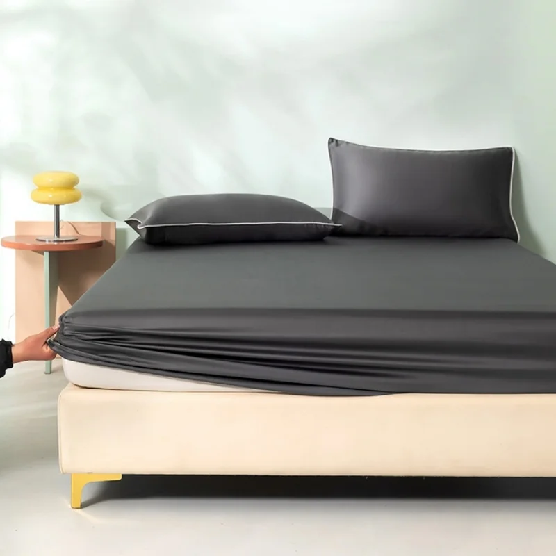 Black Grey Fitted Sheet Silky Smooth Mattress Cover with Deep Pocket Lyocell Hot Sleeper Adult Bed Sheet Linens 198*203cm*1pc