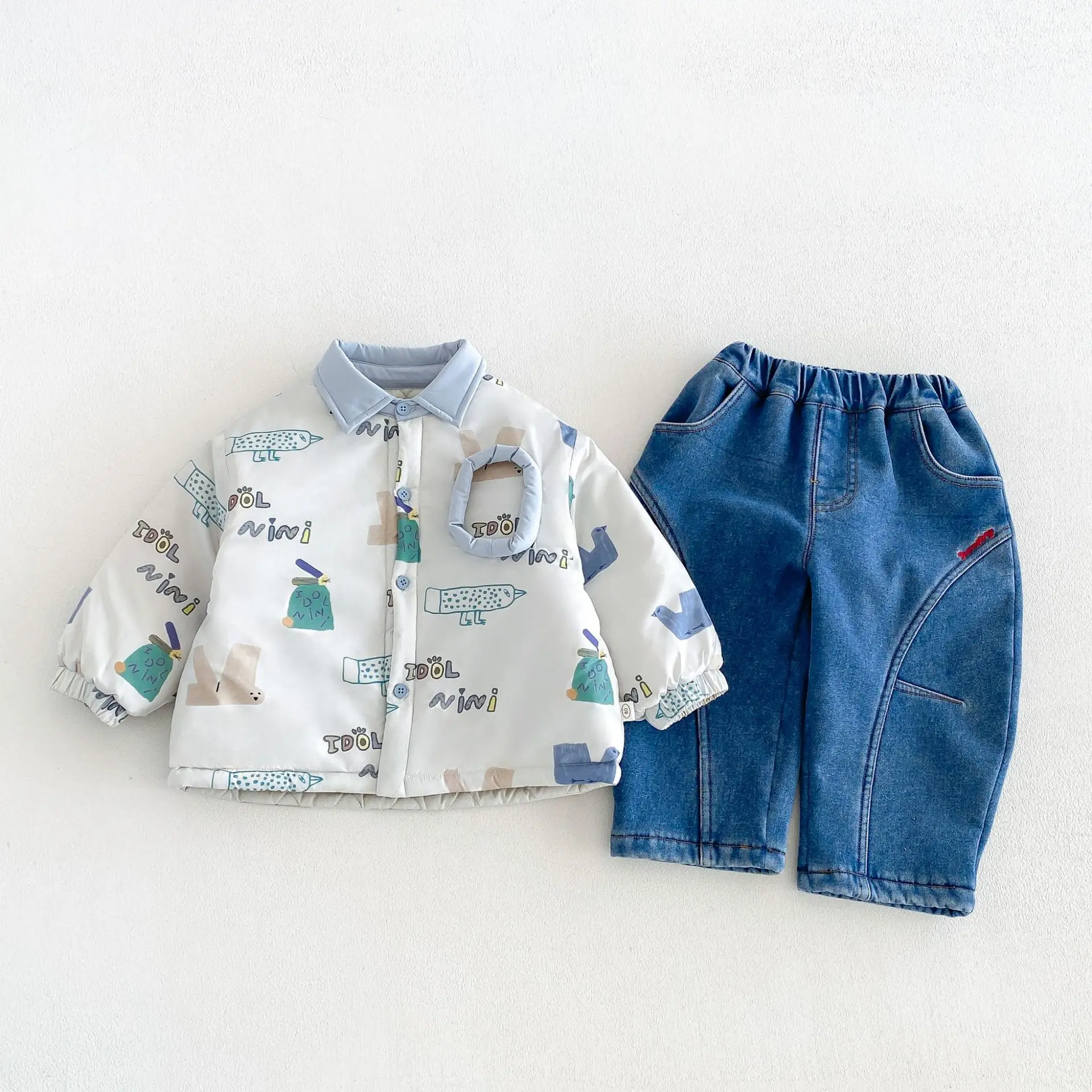 2026 New Winter Boys Cartoon Padded Jacket | All-Over Print Contrast Lapel Coat | Warm Outwear