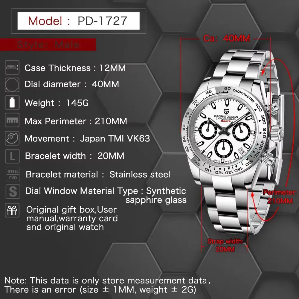 パガーニデザイン新しいクォーツ時計 40 ミリメートルメンズ腕時計 VK63 クロノグラフステンレス鋼防水腕時計ギフト時計リロイ Hombre