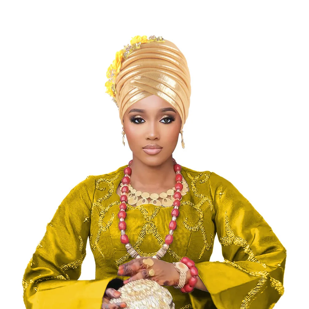 Luxury Rhinstone Women's African Turban Cap Lady Head Wraps Nigeria Wedding Auto Gele Party Headgear Headpiece Hat Outfits