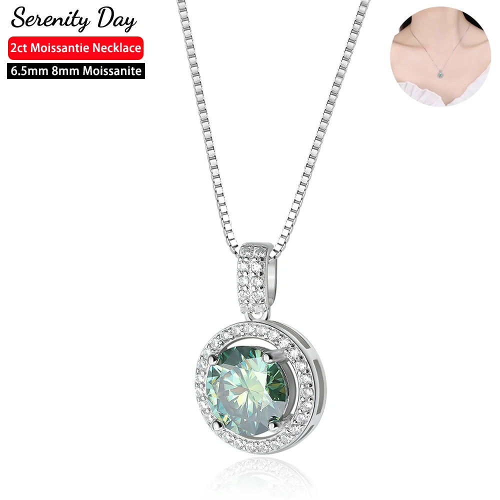 Naszyjnik z moissanitem Serenity 1ct 2ct w kolorze zielonym dla kobiet, prezent, srebro próby S925, błyszczący łańcuszek z laboratoryjnym diamentem, platerowany 18-karatowym złotem.