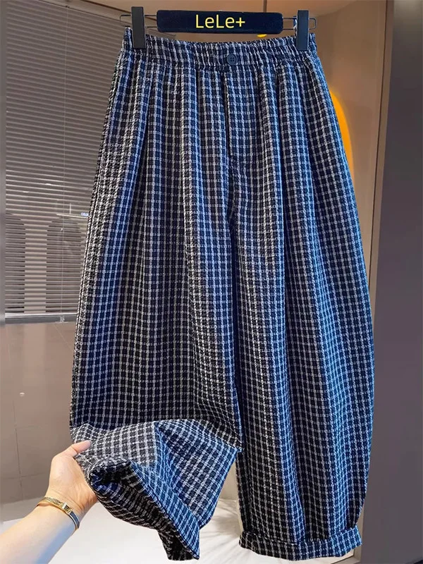 

Большие размеры 300, американские повседневные брюки в клетку с текстурой Sle, мужские и женские летние свободные широкие брюки с эластичной резинкой на талии