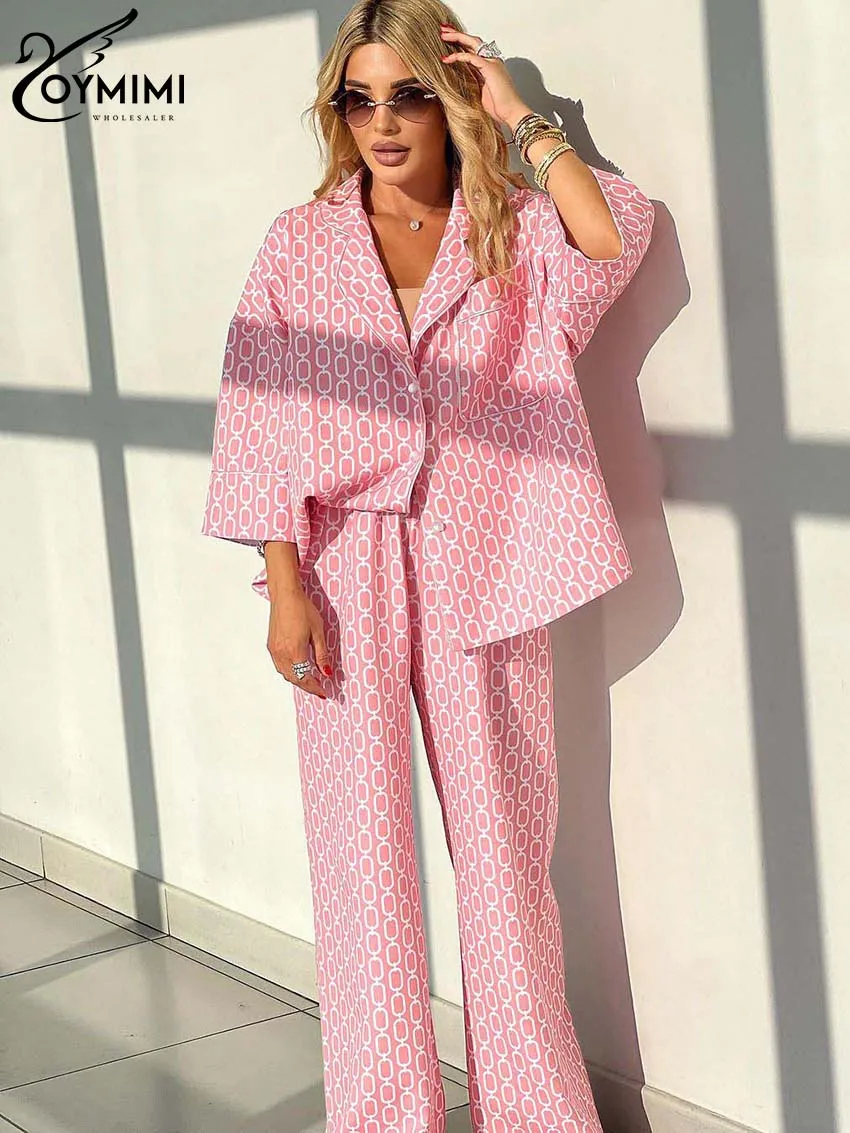 

Oymimi Fashion Pink Print 2 Piece Sets Women Outfit Elegant Three Quarter Sleeve Button Shirts And High Waist Straight Pants Set