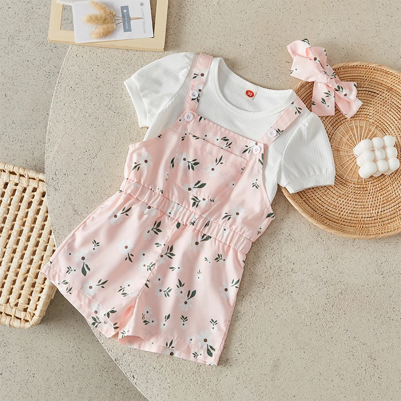 

Suefunskry Baby Girls 3 Piece Outfits Ribbed Short Sleeve T-Shirt and Floral Overalls Shorts Headband Set Summer Casual Clothes