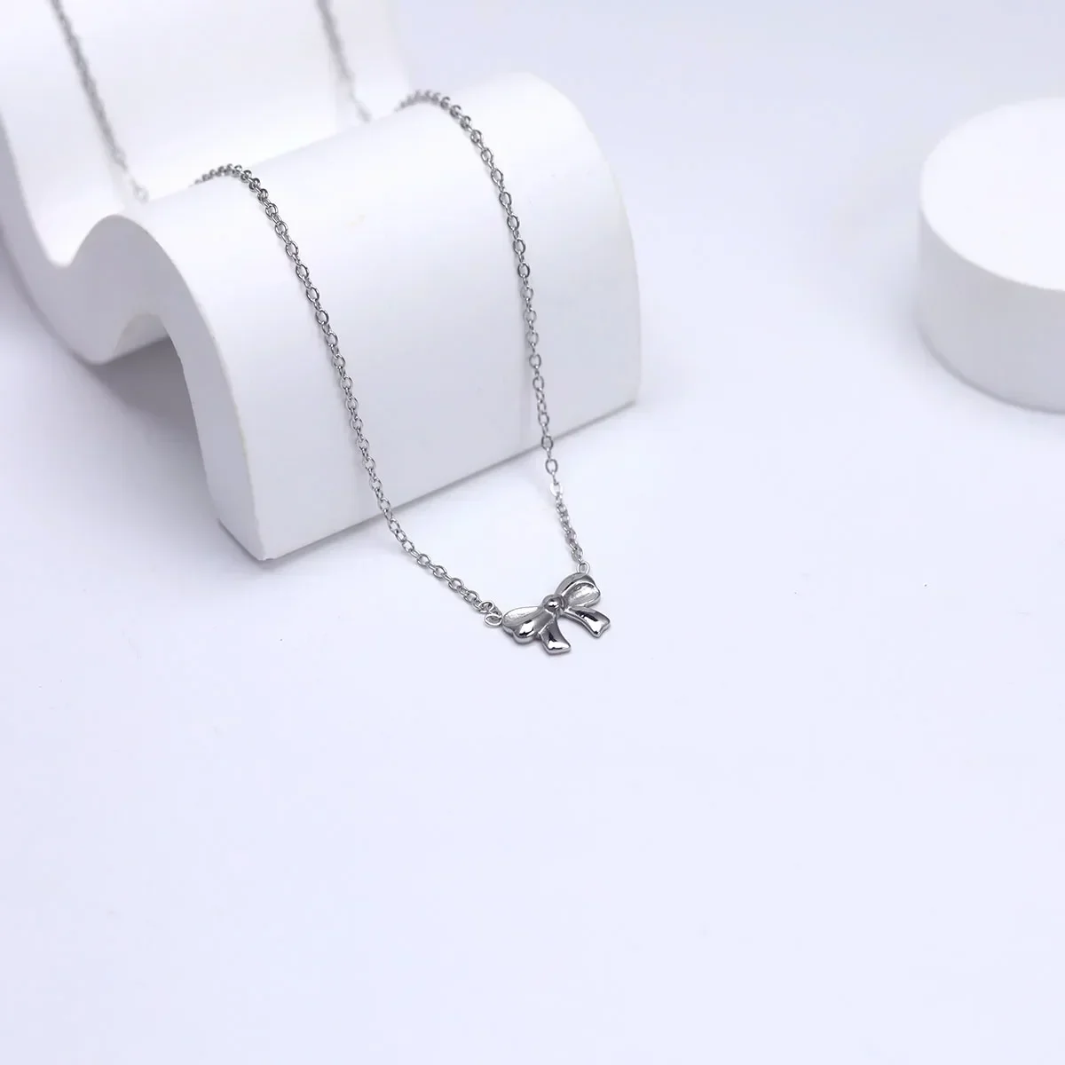 Diamond Bow Necklace for Women Silver Ribbon with Lab Grown Jewelry