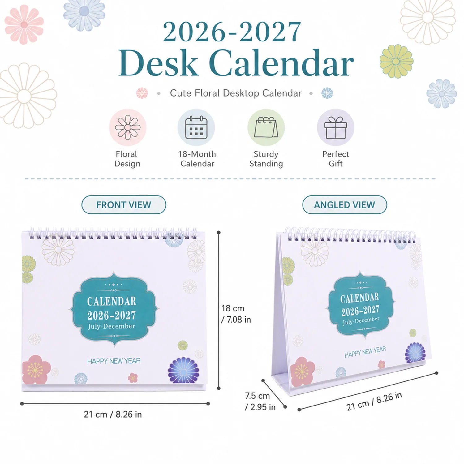 2026-2027 Floral Desk Calendar Twin Wire Foldable Triangle Stand 18 Month Planner For Office School Home Daily Schedule
