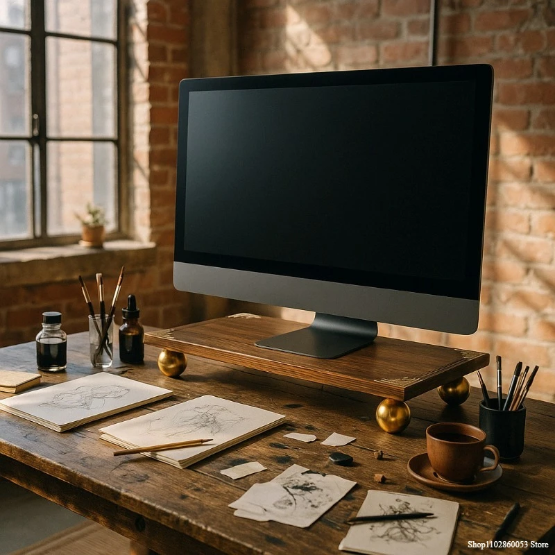 Chinese Style Monitor Riser Stand Walnut Desktop Shelf with Brass Ball Legs Screen Display Base for Office Workspace Organizer