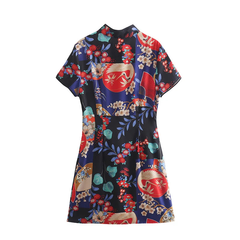 SIYANG Vintage Print Knot Chinese Dresses Women Elegant Short-Sleeved Mini Dress Ladies Chic Outfits