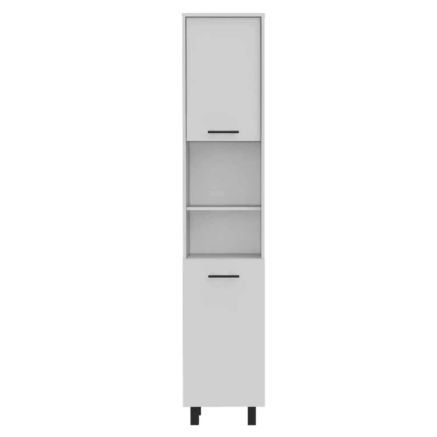 Hobart Pantry, Four Legs, Three Interior Shelves, Two Shelves, Two Cabinets White